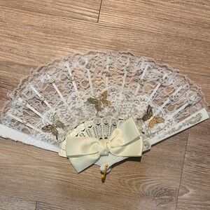Lace Folding Hand Fan with Ivory Bow and Gold Butterfly Accents